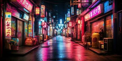 generativo ai, notte scena di grande città nel cyberpunk stile, futuristico nostalgico anni 80, anni 90. neon luci vivace colori, fotorealistico orizzontale illustrazione foto