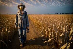 un' uomo in piedi nel un' campo con un' maschera su il suo viso. ai generato foto