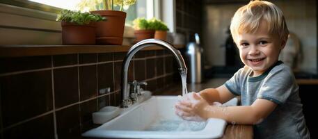 ragazzo lavaggi il suo mani con sapone e acqua foto