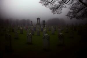 un' cimitero su un' nebbioso giorno con tombe nel il primo piano. ai generato foto