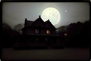 un' Casa con un' pieno Luna nel il sfondo. ai generato foto