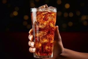 un' immagine di mano Tenere un' bicchiere di Coca Cola con ghiaccio cubi e Limone fetta generativo ai foto