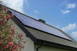 eco-friendly casa. solare pannelli su tetto con fioritura albero foto