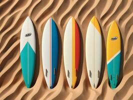 quattro tavole da surf foderato su nel un' riga nel il sabbia. ai generato foto