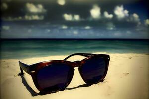 un' paio di occhiali da sole seduta su superiore di un' sabbioso spiaggia. ai generato foto
