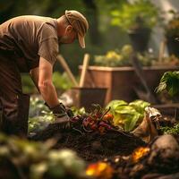 ritratto concime mucchio per vero giardinaggio e giovane originale uomo viso foto