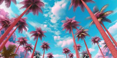 generativo ai, retrò California Noce di cocco palme. Hawaii palma alberi a tramonto. estate sfondo foto