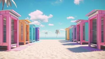 generativo ai, miami spiaggia capanne, estate vibrazioni retrò illustrazione. Vintage ▾ rosa e blu colori, edifici, California palme, anni 80 stile foto