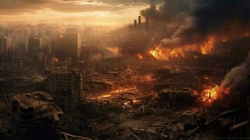 generativo ai, distruzione nel il città, bruciato cittadina strada con no vita, apocalittico scena foto