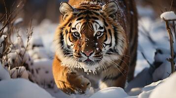 tigre nel selvaggio inverno natura, in esecuzione nel il neve. azione natura scena con pericoloso animale. freddo inverno nel taiga , ai generativo foto