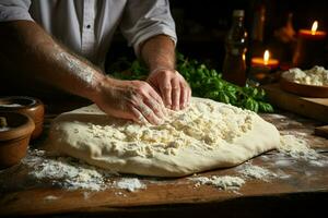 capocuoco preparazione Pizza a ristorante cucina. avvicinamento di maschio mani , ai generativo foto