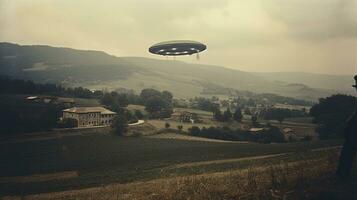 generativo ai, ufo al di sopra di il italiano paesaggio Vintage ▾ foto, alieni Testimoni retrò 1930 stile fotografia foto