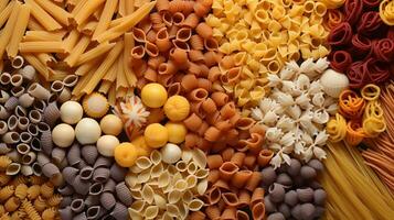 generativo ai, varietà di tipi, colori e forme di italiano pasta, struttura sfondo foto