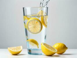 un' bicchiere di acqua con limoni e un' fetta di Limone. ai generato foto