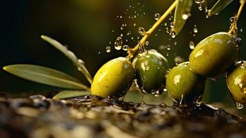 extra vergine oliva olio. verde olive nel oliva olio su un' buio sfondo. foto