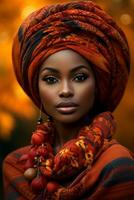 foto di emotivo dinamico posa africano donna nel autunno ai generativo