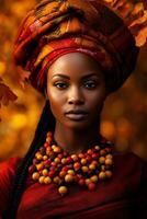 foto di emotivo dinamico posa africano donna nel autunno ai generativo