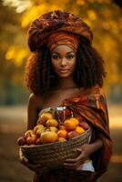 foto di emotivo dinamico posa africano donna nel autunno ai generativo