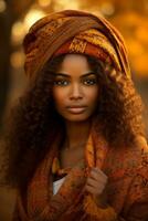 foto di emotivo dinamico posa africano donna nel autunno ai generativo