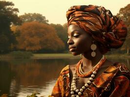 foto di emotivo dinamico posa africano donna nel autunno ai generativo