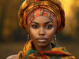 foto di emotivo dinamico posa africano donna nel autunno ai generativo