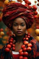 foto di emotivo dinamico posa africano donna nel autunno ai generativo