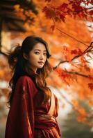 foto di emotivo dinamico posa asiatico donna nel autunno ai generativo