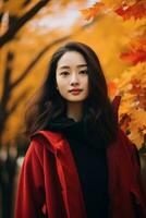 foto di emotivo dinamico posa asiatico donna nel autunno ai generativo