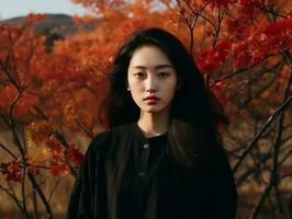foto di emotivo dinamico posa asiatico donna nel autunno ai generativo