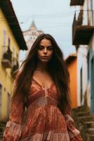foto di emotivo dinamico posa brasiliano donna nel autunno ai generativo