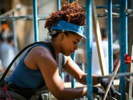 foto tiro di un' naturale donna Lavorando come un' costruzione lavoratore ai generativo