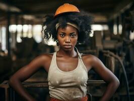 foto tiro di un' naturale donna Lavorando come un' costruzione lavoratore ai generativo