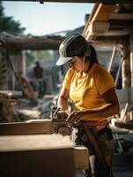 foto tiro di un' naturale donna Lavorando come un' costruzione lavoratore ai generativo