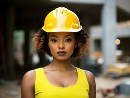 foto tiro di un' naturale donna Lavorando come un' costruzione lavoratore ai generativo