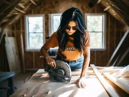 foto tiro di un' naturale donna Lavorando come un' costruzione lavoratore ai generativo