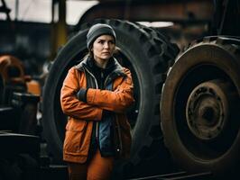 foto tiro di un' naturale donna Lavorando come un' costruzione lavoratore ai generativo