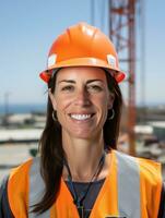 foto tiro di un' naturale donna Lavorando come un' costruzione lavoratore ai generativo