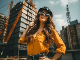 foto tiro di un' naturale donna Lavorando come un' costruzione lavoratore ai generativo