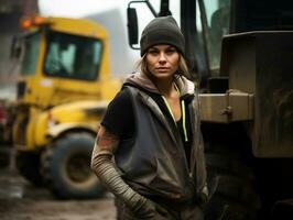 foto tiro di un' naturale donna Lavorando come un' costruzione lavoratore ai generativo