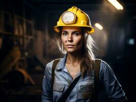 foto tiro di un' naturale donna Lavorando come un' costruzione lavoratore ai generativo