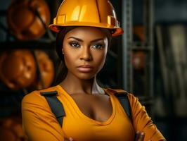 foto tiro di un' naturale donna Lavorando come un' costruzione lavoratore ai generativo