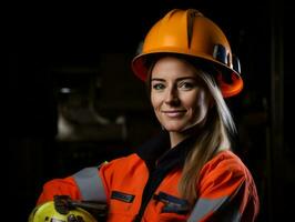 foto tiro di un' naturale donna Lavorando come un' costruzione lavoratore ai generativo