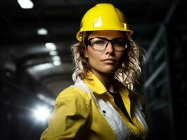 foto tiro di un' naturale donna Lavorando come un' costruzione lavoratore ai generativo