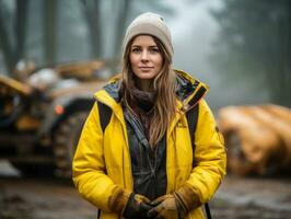 foto tiro di un' naturale donna Lavorando come un' costruzione lavoratore ai generativo