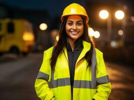 foto tiro di un' naturale donna Lavorando come un' costruzione lavoratore ai generativo