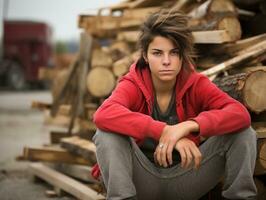 foto tiro di un' naturale donna Lavorando come un' costruzione lavoratore ai generativo