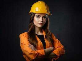 foto tiro di un' naturale donna Lavorando come un' costruzione lavoratore ai generativo