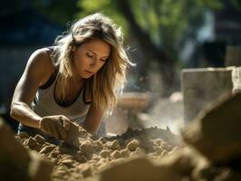 foto tiro di un' naturale donna Lavorando come un' costruzione lavoratore ai generativo