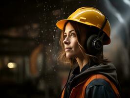 foto tiro di un' naturale donna Lavorando come un' costruzione lavoratore ai generativo