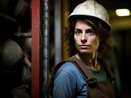 foto tiro di un' naturale donna Lavorando come un' costruzione lavoratore ai generativo